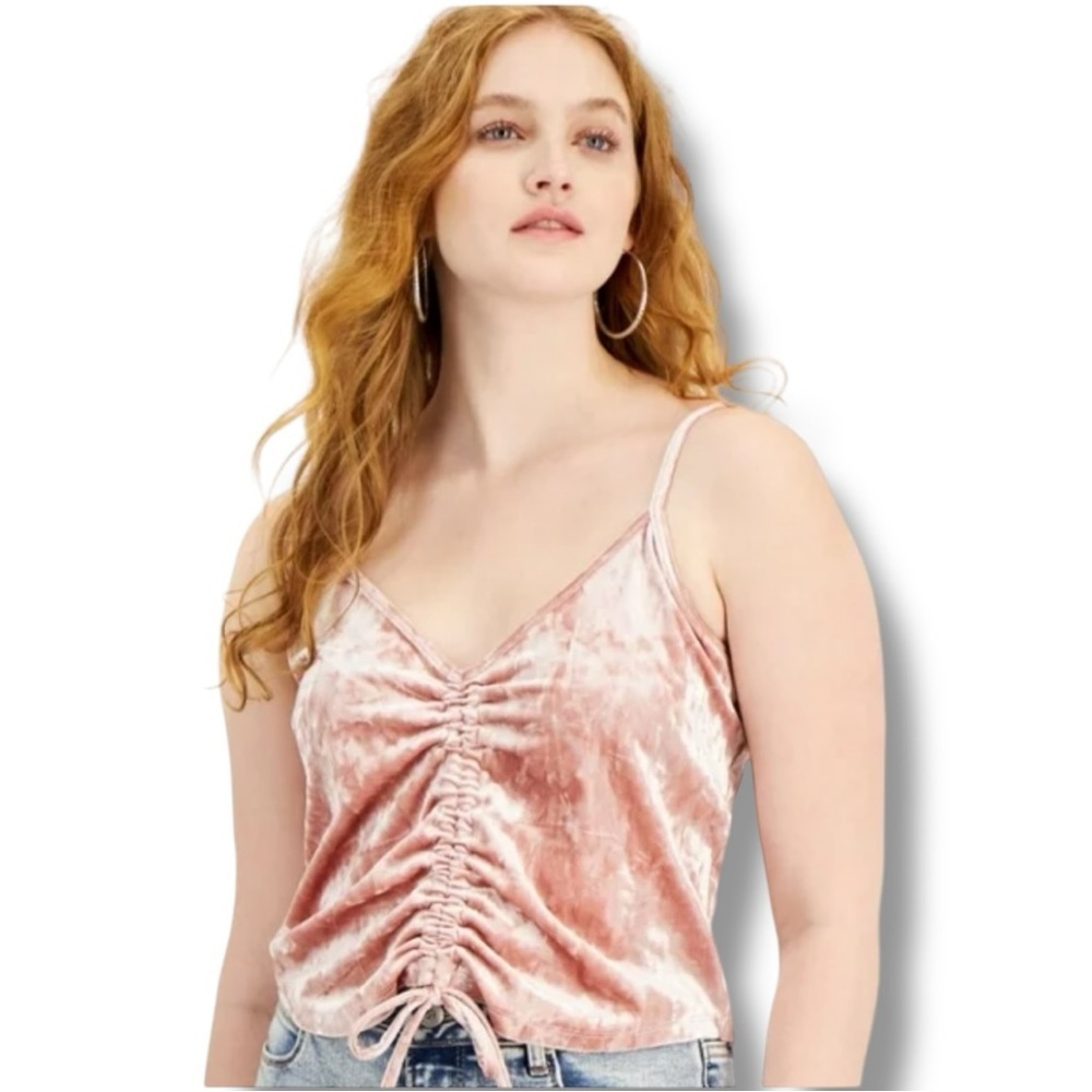 Hippie Rose Baby Pink Velour Ruched Drawstring Thin Straps Cropped Camisole Top - Picture 3 of 16
